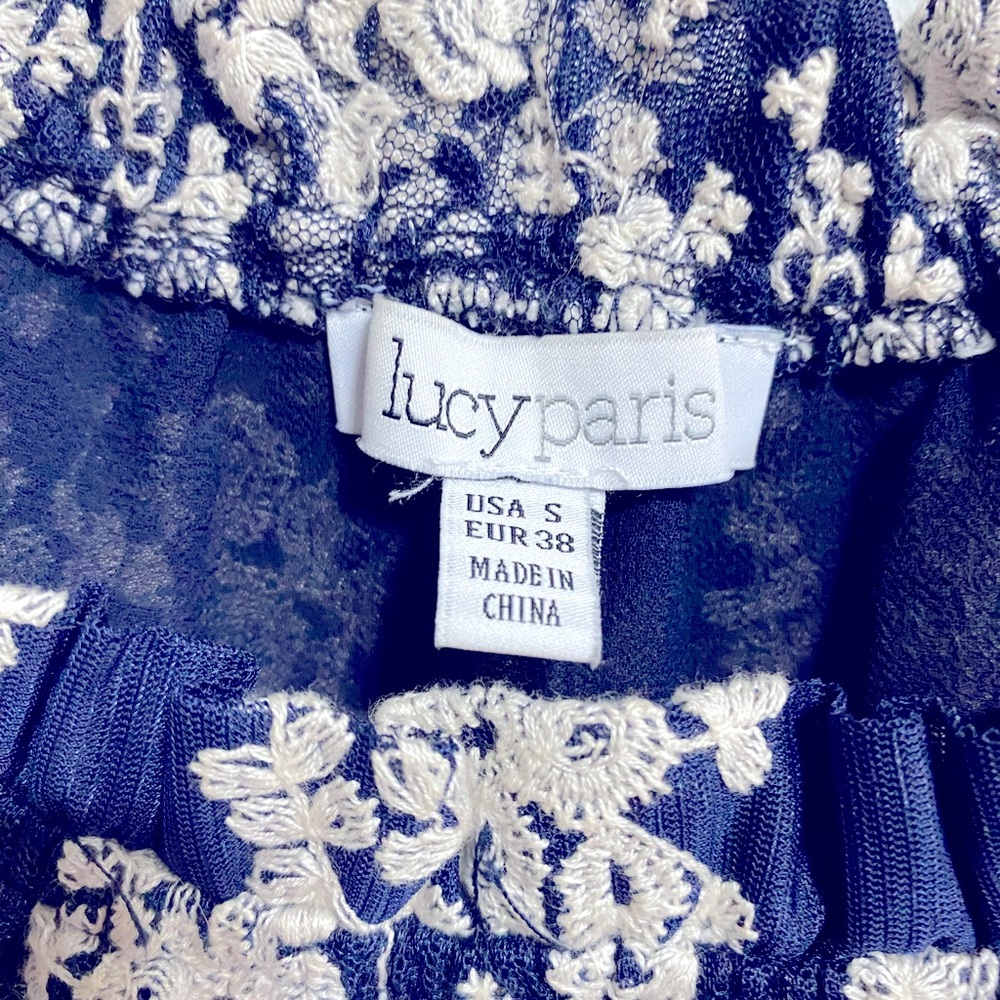 Lucy Paris size Small navy blue with white embroidery off-shoulder blouse - Picture 3 of 5